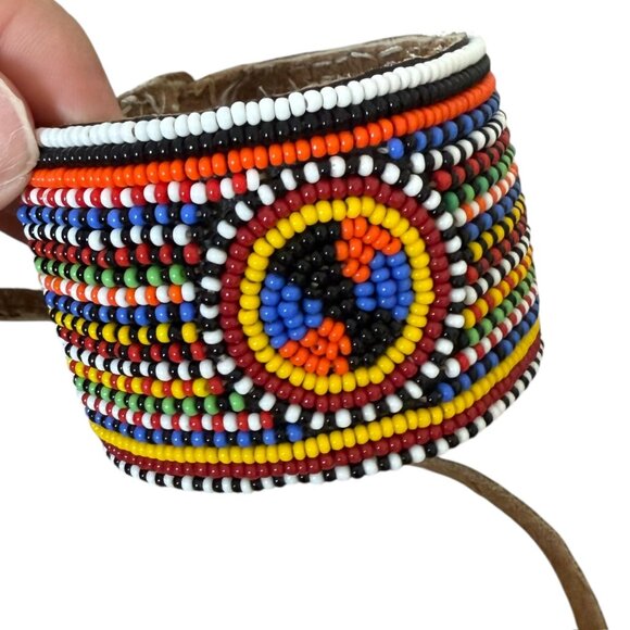 Retro Masai Beaded wide leather bracelet multicolor african tribal - Picture 3 of 5
